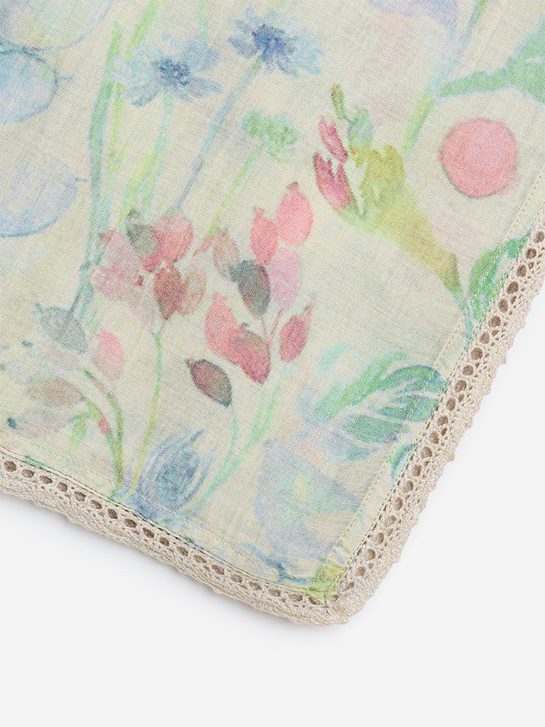 Westside Zuba Women's Lime Foliage Design Cotton-Blend Dupatta for Work Wear Flatlay Zoomed View