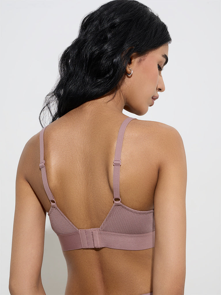 Westside Superstar Women's Mauve Ribbed-Textured Padded Bra for Casual Wear Back View