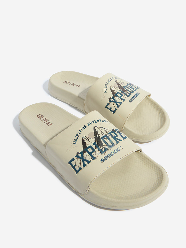 Westside SOLEPLAY Men's Beige Printed Pool Slides Zoomed View