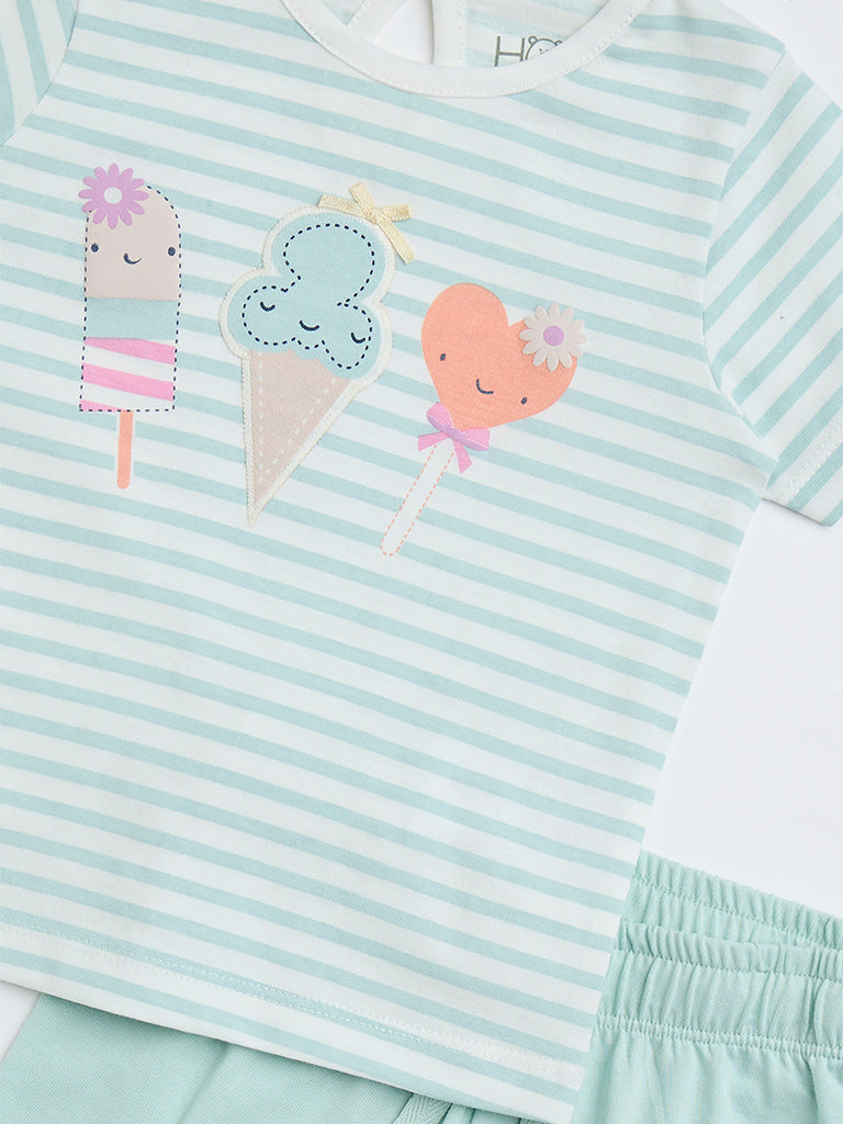 Westside HOP Baby Girl's Mint Stripe Printed Cotton T-Shirt with Shorts Set for Casual Wear Zoomed View