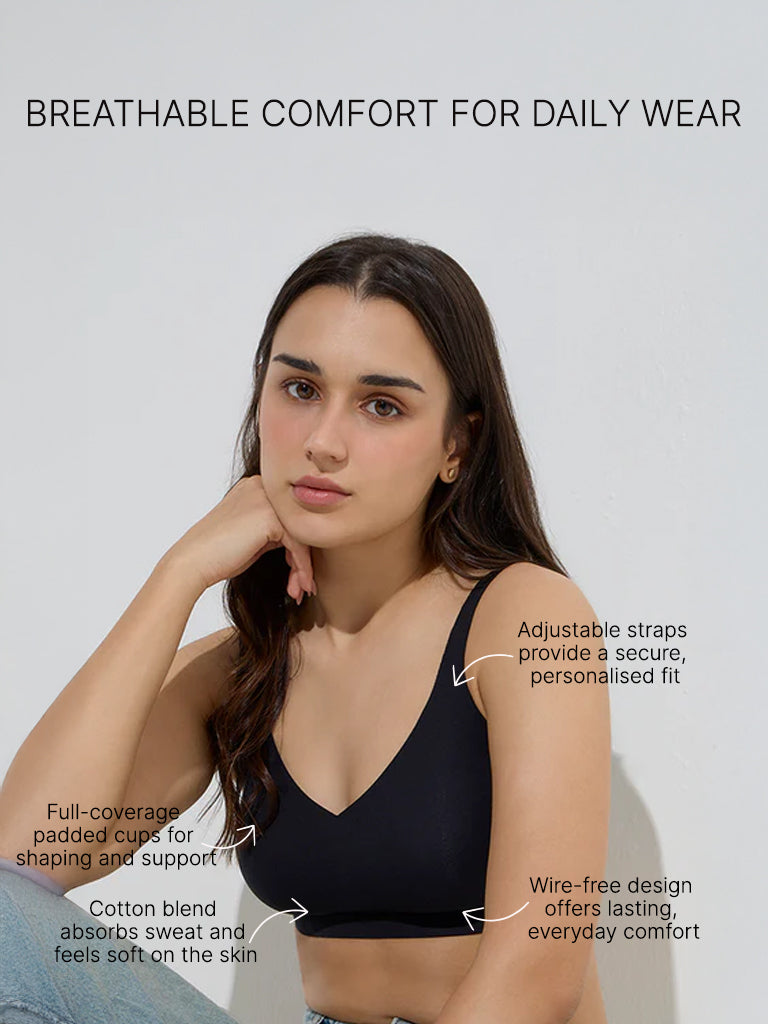 Wunderlove Black Cotton-Blend Padded Full Coverage Bra