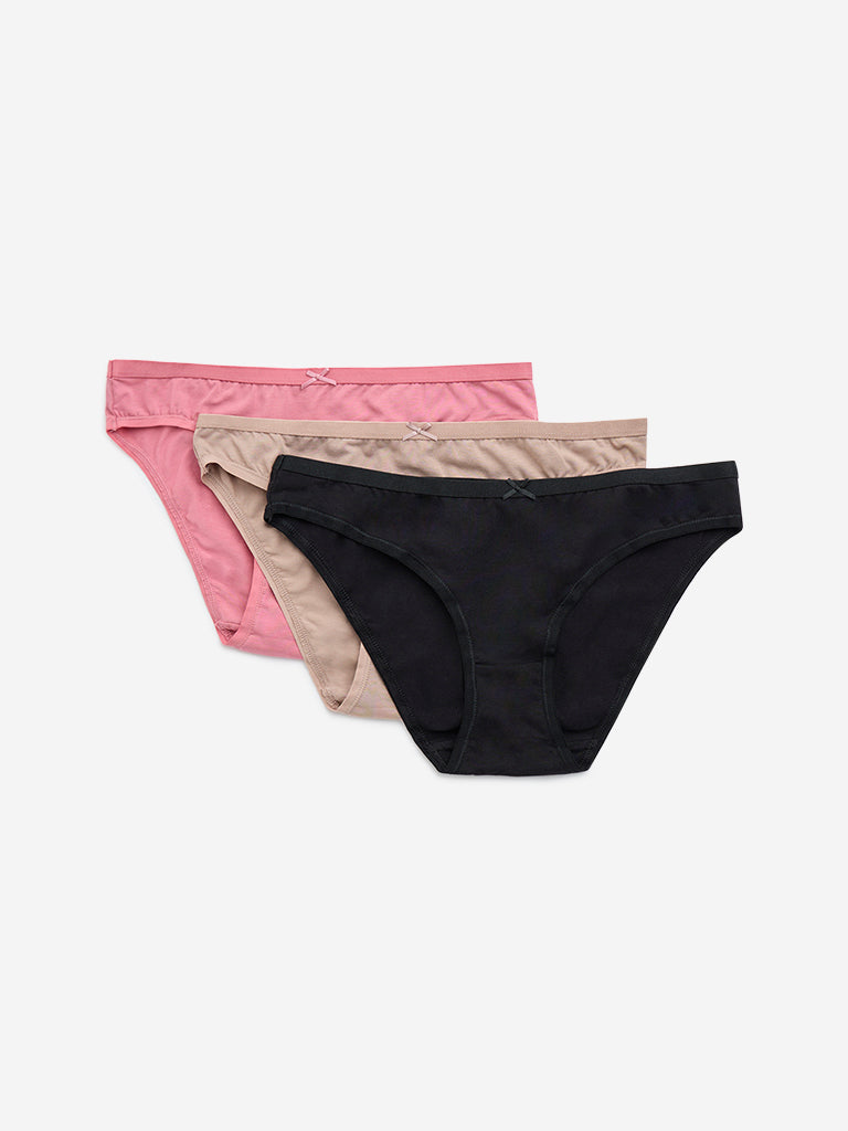 Wunderlove Pink Solid Cotton-Blend Bikini Briefs - Pack of 3