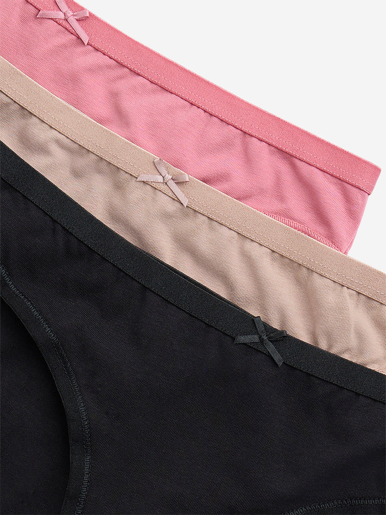 Wunderlove Pink Solid Cotton-Blend Bikini Briefs - Pack of 3