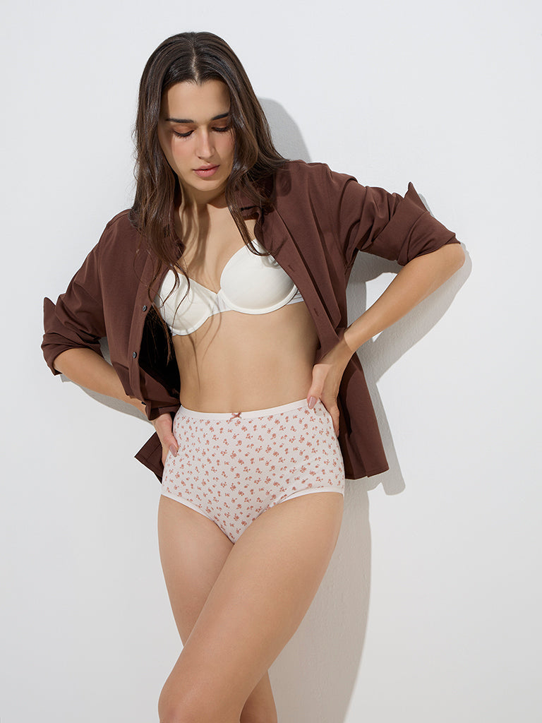 Wunderlove White Floral Printed Cotton-Blend Full Briefs - Pack of 3