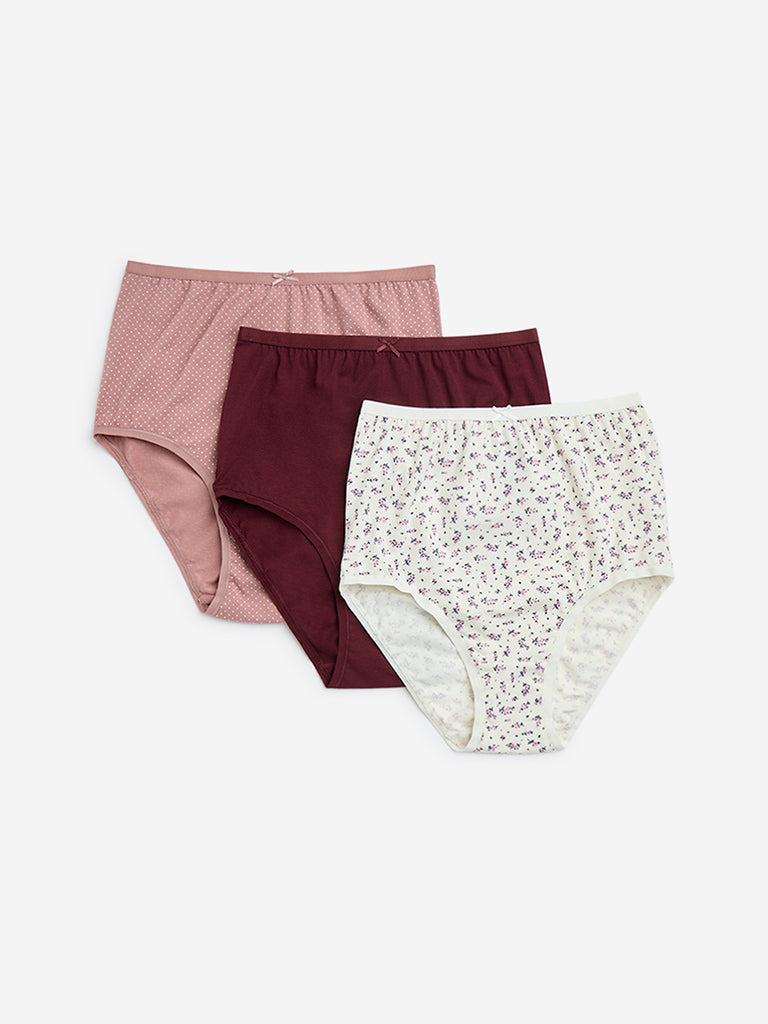 Westside Wunderlove Women's Dusty Pink Print Cotton-Blend Briefs - Pack of 3 for Casual Wear Flatlay Front View