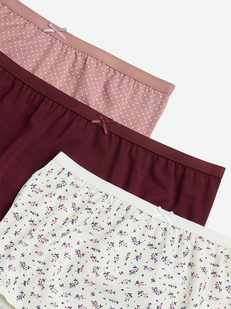 Westside Wunderlove Women's Dusty Pink Print Cotton-Blend Briefs - Pack of 3 for Casual Wear Flatlay Zoomed View