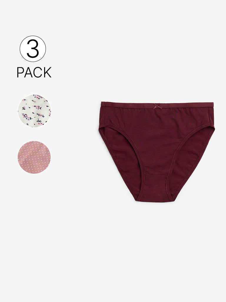 Wunderlove Dusty Pink Print Cotton-Blend Briefs - Pack of 3