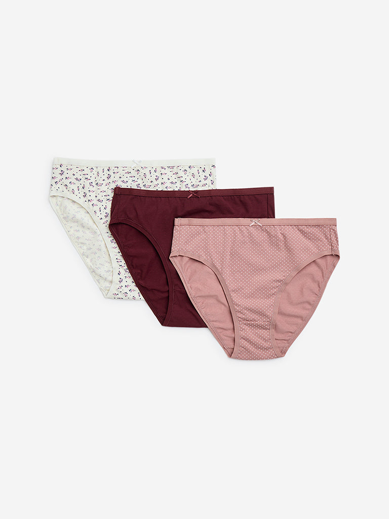 Westside Wunderlove Women's Dusty Pink Print Cotton-Blend Briefs - Pack of 3 for Casual Wear Flatlay Front View
