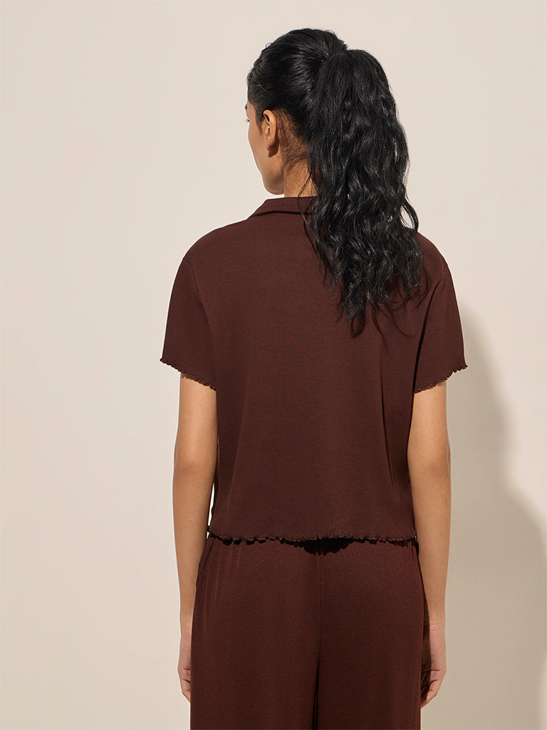 Westside Superstar Women's Dark Brown Ribbed-Textured Cotton-Blend Shirt for Casual Wear Casual Wear Back View