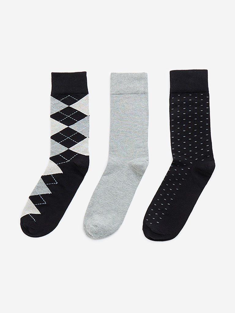WES Lounge Black Patterned Full Length Cotton-Blend Socks - Pack of 3