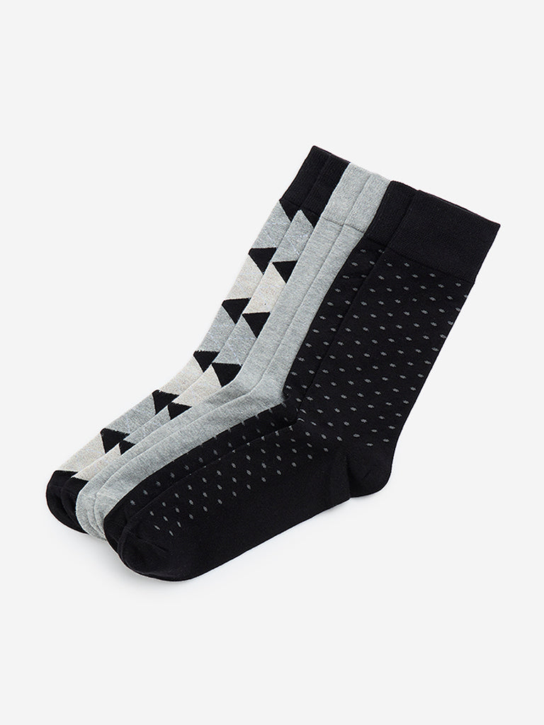 WES Lounge Black Patterned Full Length Cotton-Blend Socks - Pack of 3