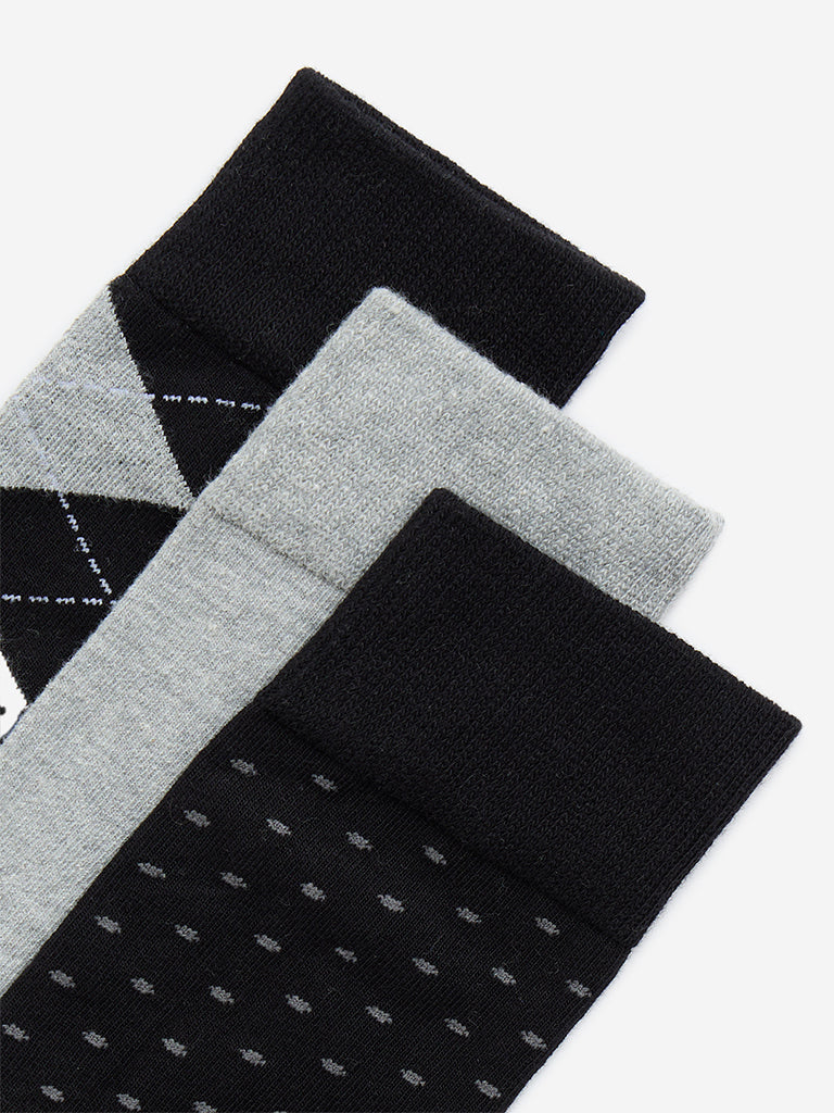 WES Lounge Black Patterned Full Length Cotton-Blend Socks - Pack of 3