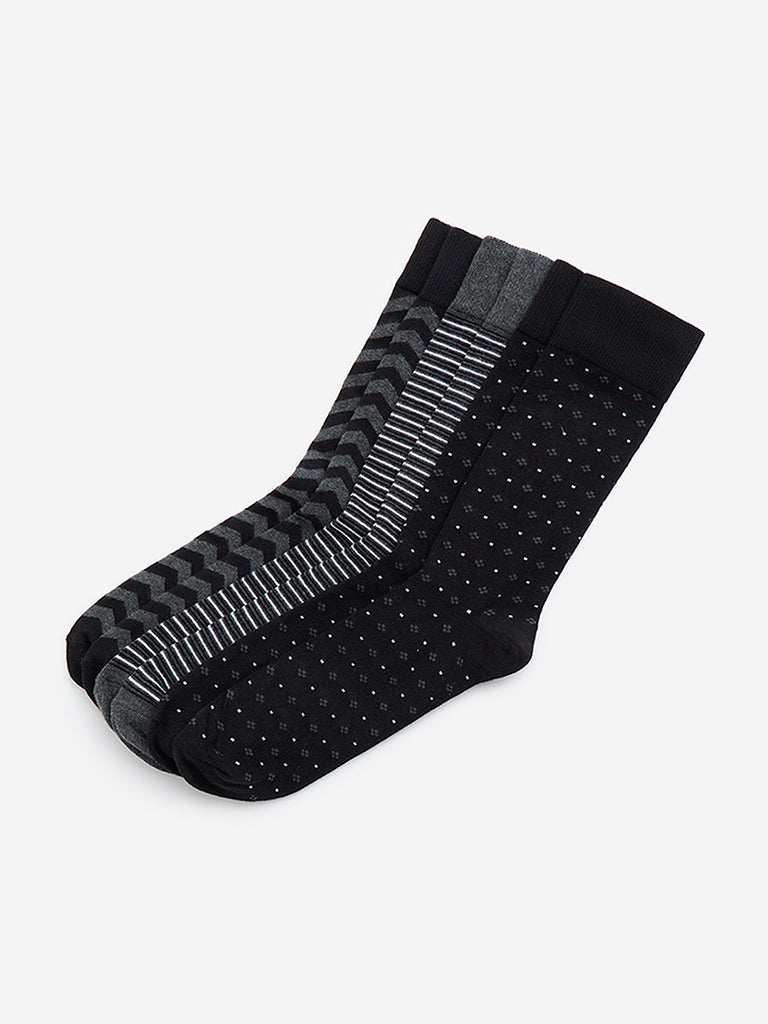WES Lounge Black Striped Full Length Cotton-Blend Socks - Pack of 3
