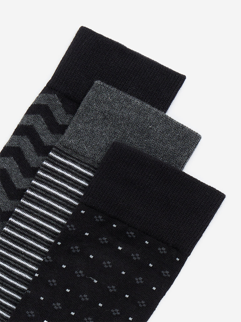 WES Lounge Black Striped Full Length Cotton-Blend Socks - Pack of 3