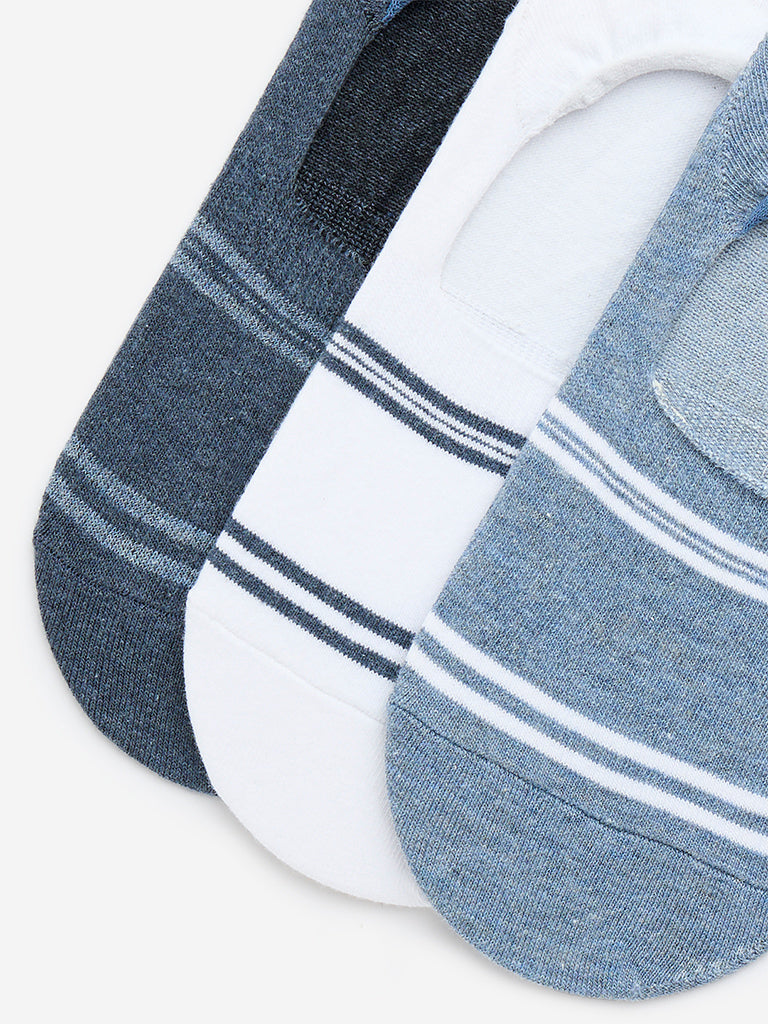 Westside WES Lounge Men's Blue Striped Invisible Cotton-Blend Socks - Pack of 3 for Casual Wear Casual Wear Zoomed View