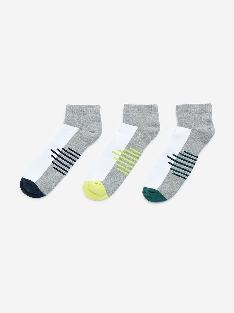 Westside WES Lounge Men's Grey Striped Ankle Length Cotton-Blend Socks - Pack of 3 for Casual Wear Color View