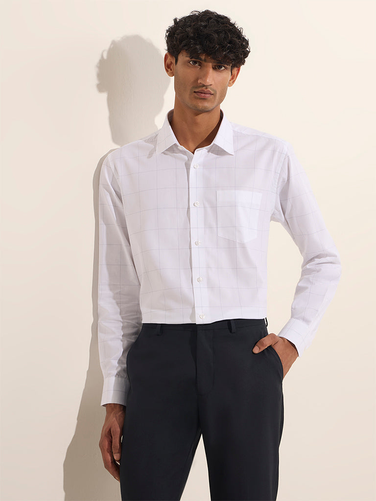 Westside WES Formals Men's White Checkered Relaxed-Fit Cotton Shirt for Work Wear Front View