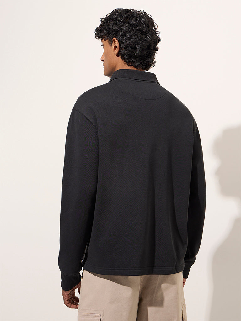 Westside WES Casuals Men's Black Quarter Zip Cotton-Blend Sweatshirt for Winter Wear Back View