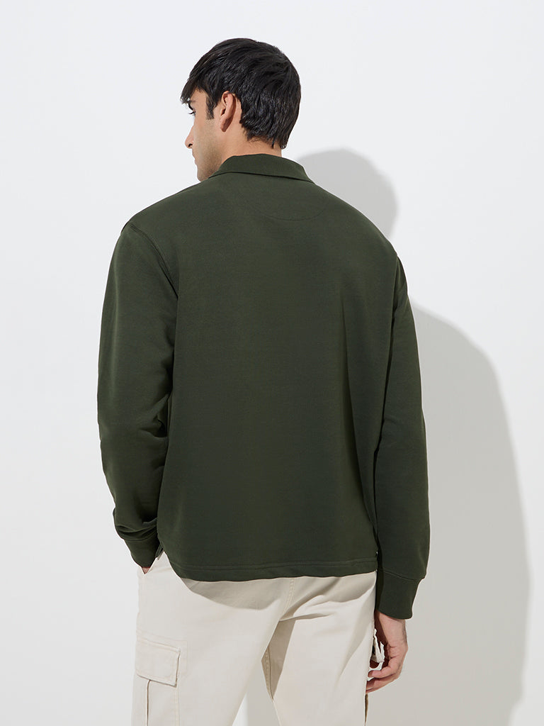 Westside WES Casuals Men's Olive Quarter Zip Cotton-Blend Sweatshirt for Winter Wear Back View