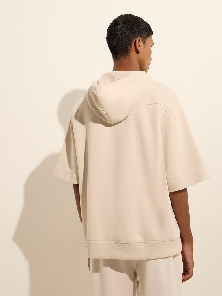 Westside Studiofit Men's Beige Text Design Relaxed-Fit Cotton-Blend Hoodie for Winter Wear Back View