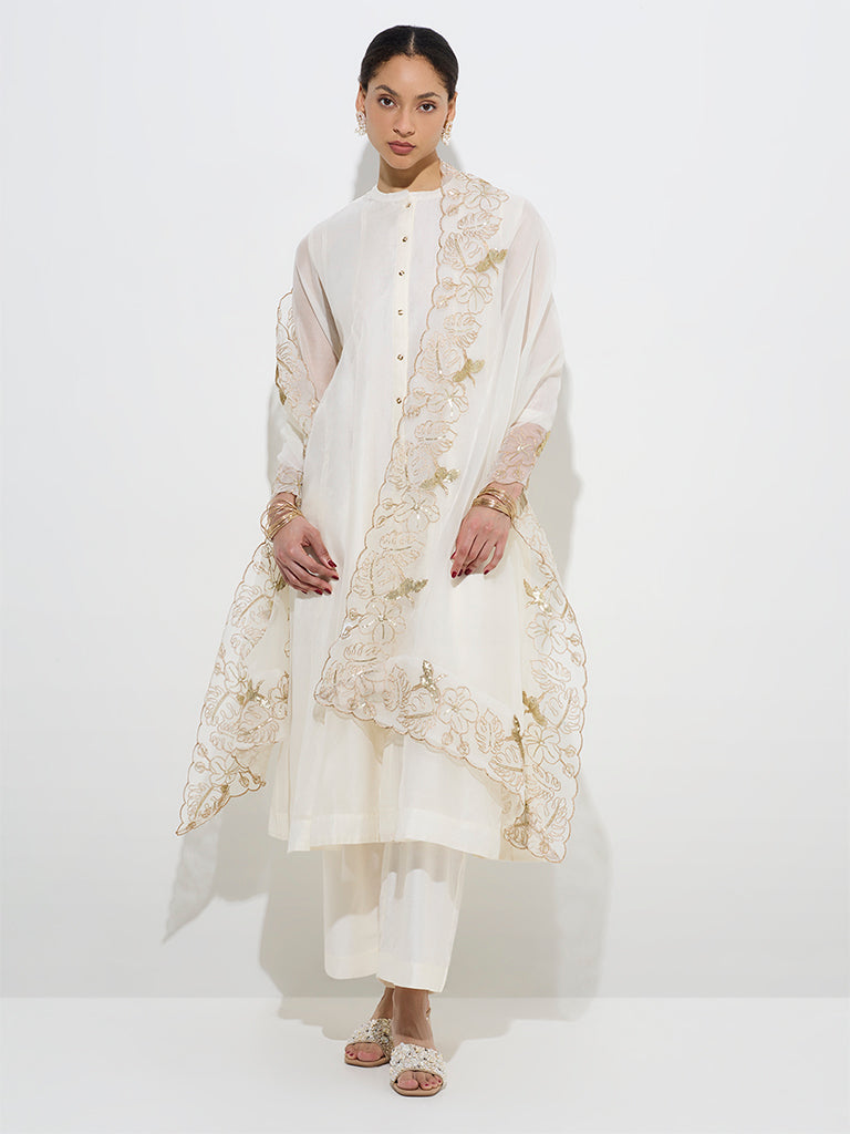 Buy Vark White Cotton-Blend Kurta, Pants and Organza Dupatta Set