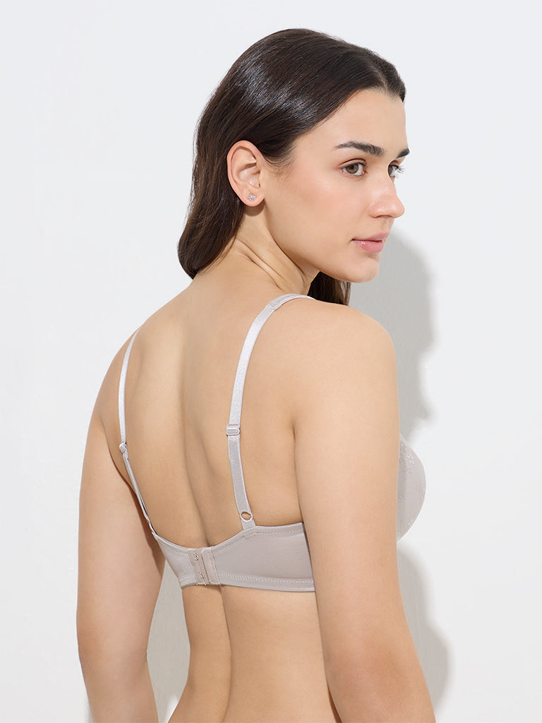 Westside Wunderlove Women's Light Grey Jacquard Floral Design Padded Bra for Casual Wear Back View