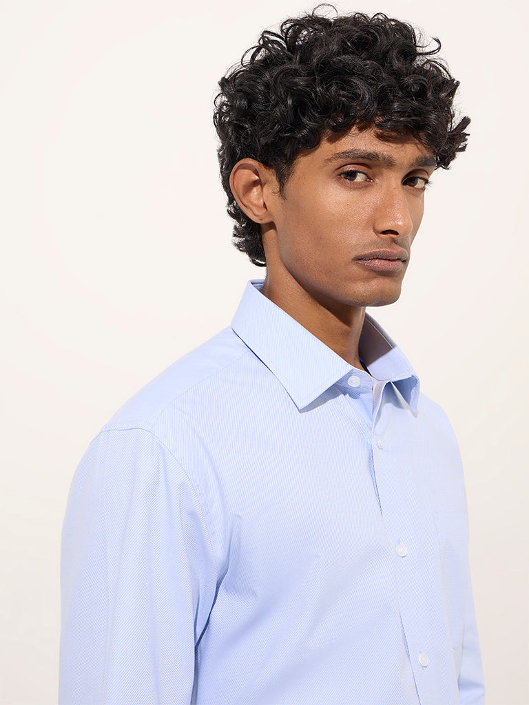 WES Formals Blue Self-Striped Relaxed-Fit Cotton Shirt
