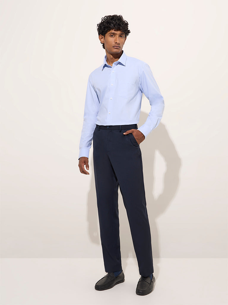 WES Formals Blue Self-Striped Relaxed-Fit Cotton Shirt