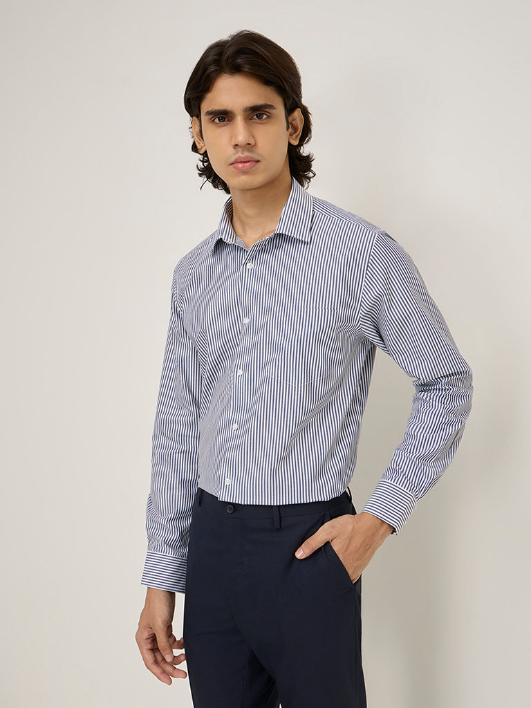 WES Formals Navy Striped Slim-Fit Cotton Shirt