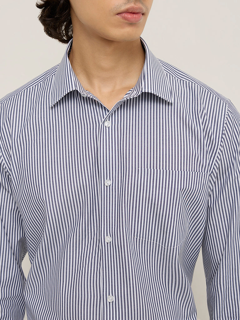 WES Formals Navy Striped Slim-Fit Cotton Shirt
