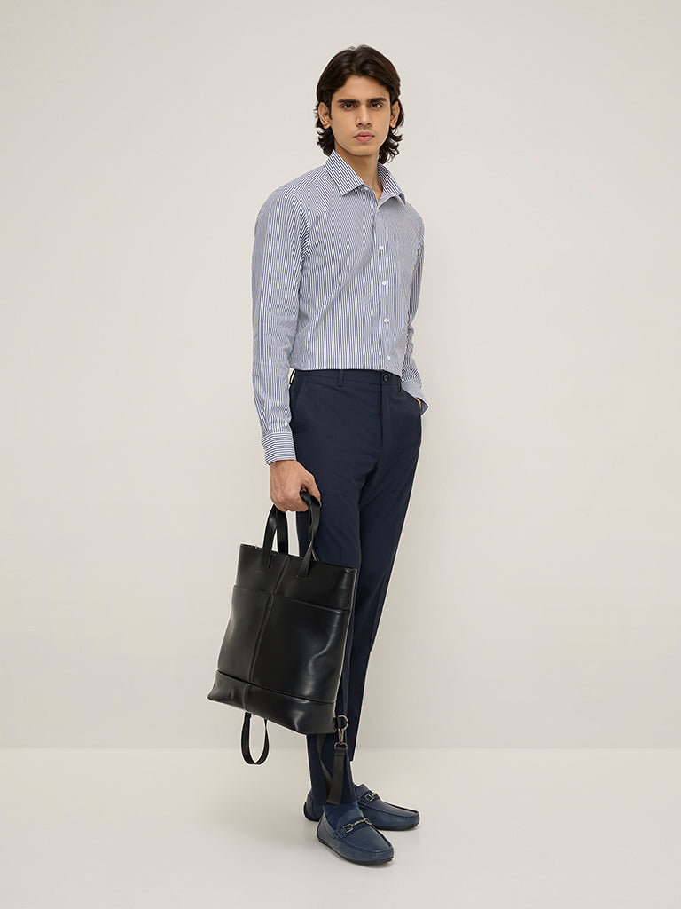WES Formals Navy Striped Slim-Fit Cotton Shirt