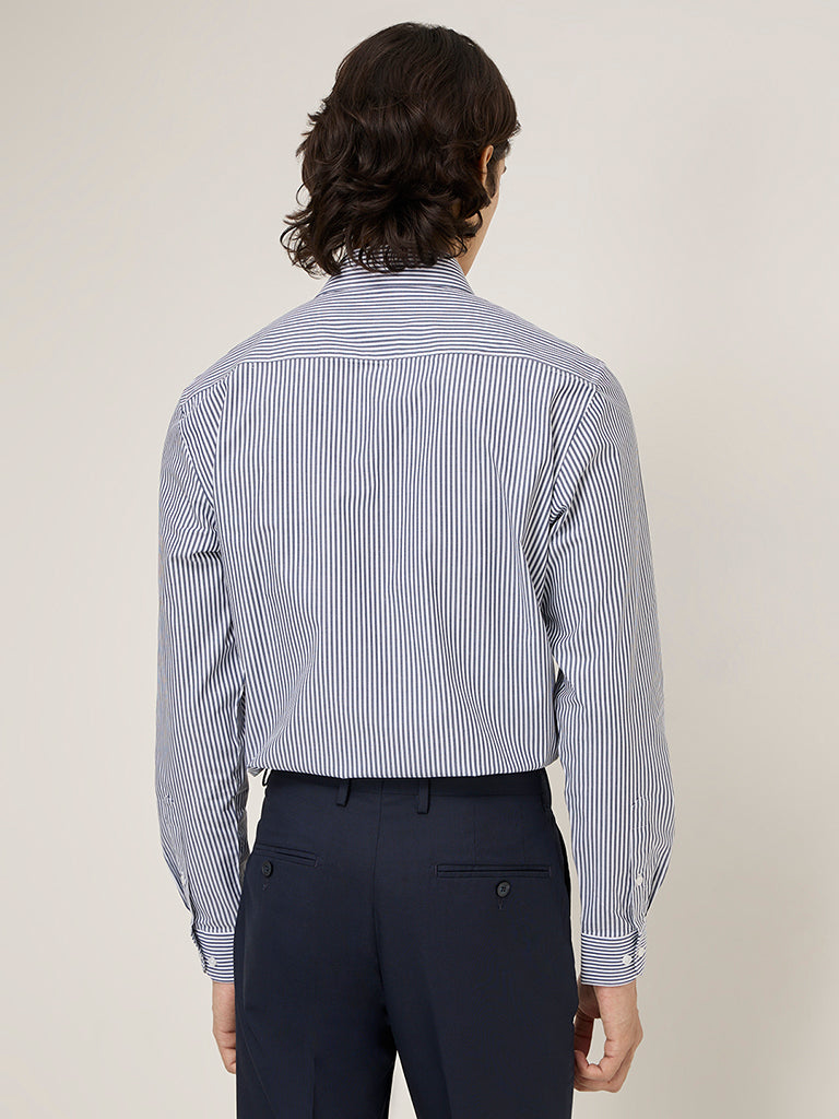 Westside WES Formals Men's Navy Striped Slim-Fit Cotton Shirt for Work Wear Back View