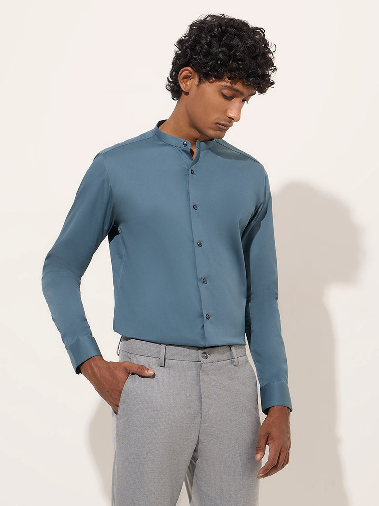 WES Formals Teal Solid Ultra-Slim Fit Cotton-Blend Shirt