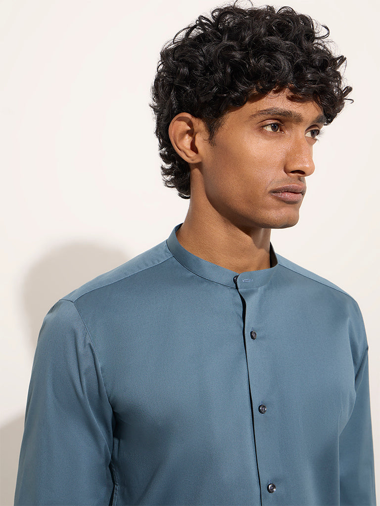 WES Formals Teal Solid Ultra-Slim Fit Cotton-Blend Shirt