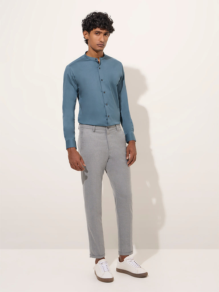 WES Formals Teal Solid Ultra-Slim Fit Cotton-Blend Shirt