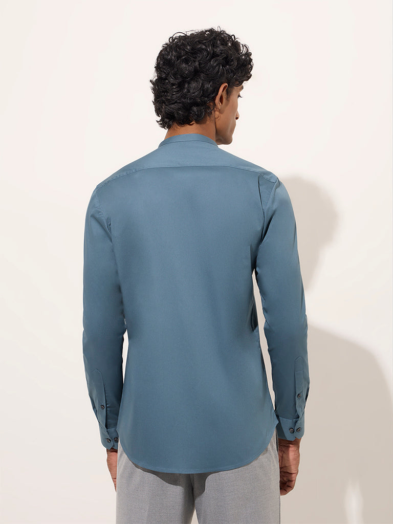 WES Formals Teal Solid Ultra-Slim Fit Cotton-Blend Shirt