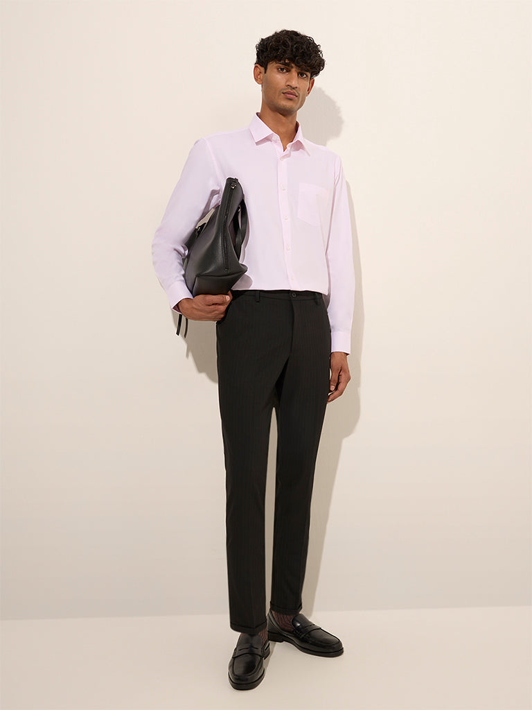 Buy WES Formals Black Pinstriped Mid-Rise Slim-Fit Trousers from