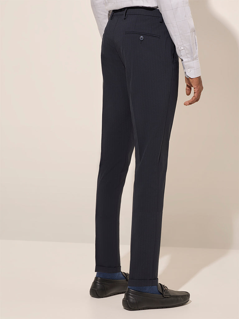 Westside WES Formals Men's Navy Pinstriped Carrot-Fit Mid-Rise Trousers for Work Wear Back View