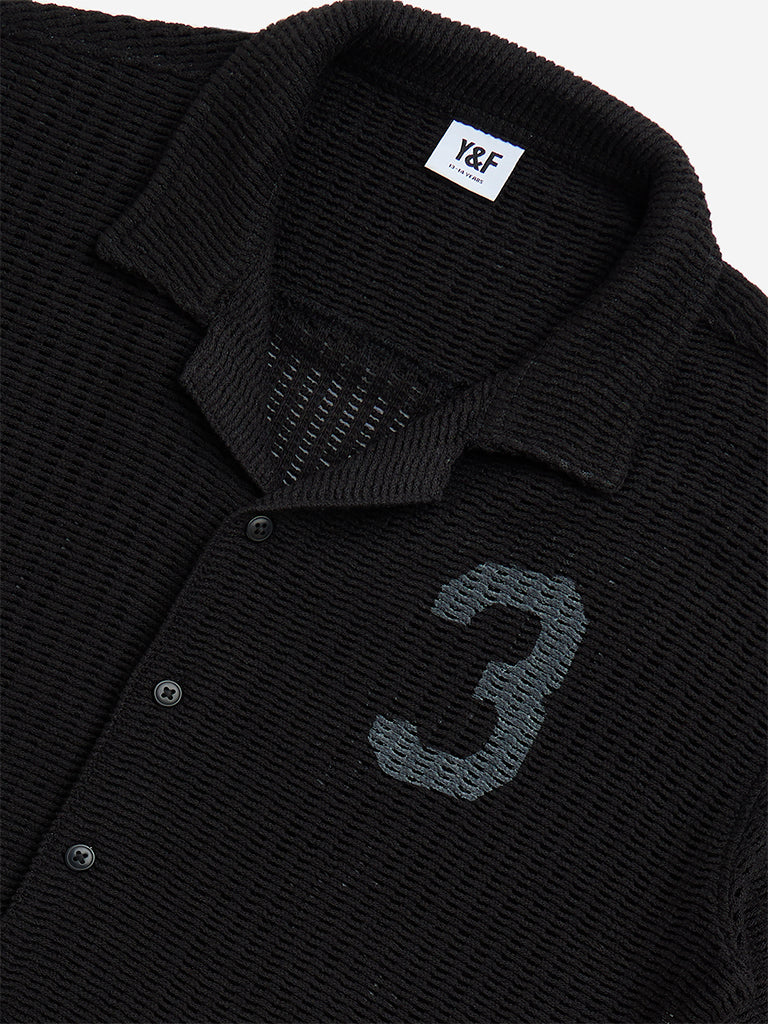 Westside Y&F Boy's Black Knitted Resort-Fit Cotton-Blend Shirt for Casual Wear Zoomed View
