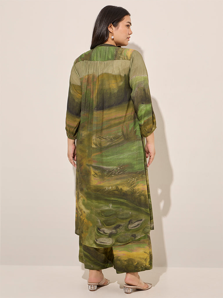 Westside Diza Women's Green Abstract Printed A-Line Kurta for Work Wear Back View