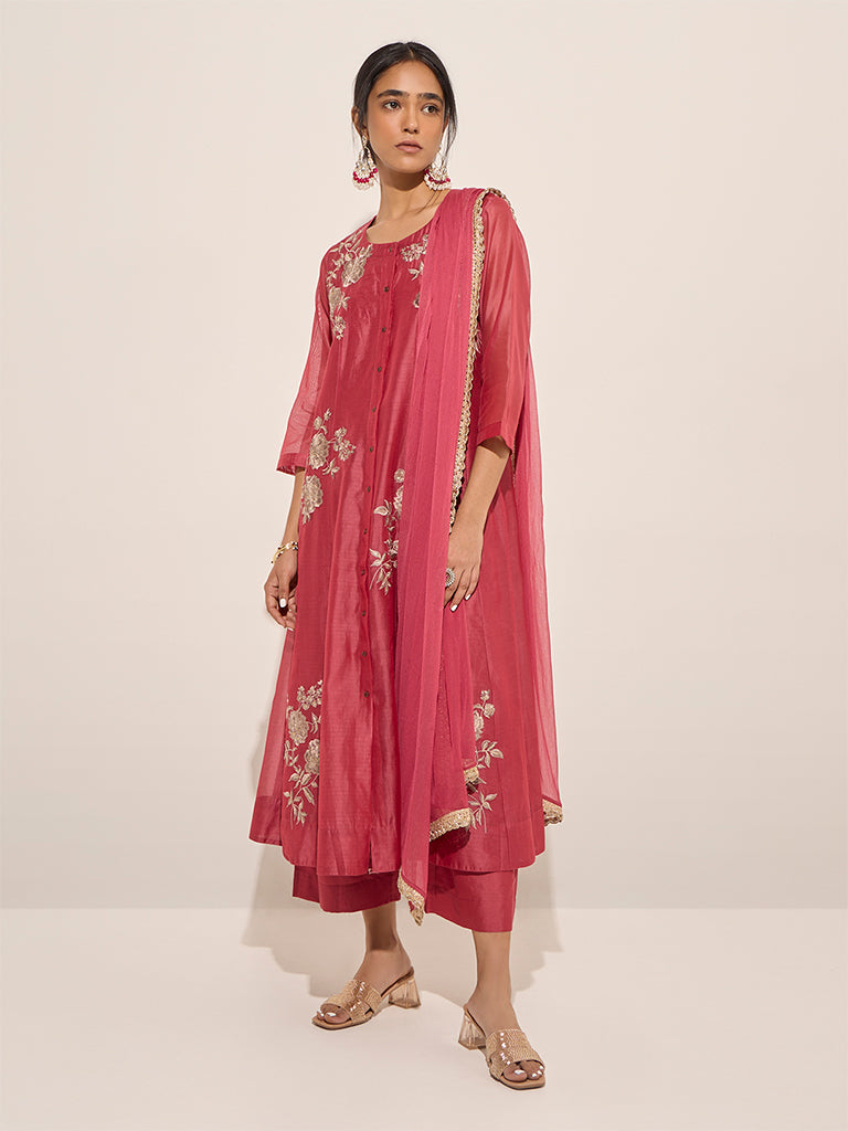 Buy Vark Pink A-Line Kurta, Inner, Palazzo and Dupatta Set from