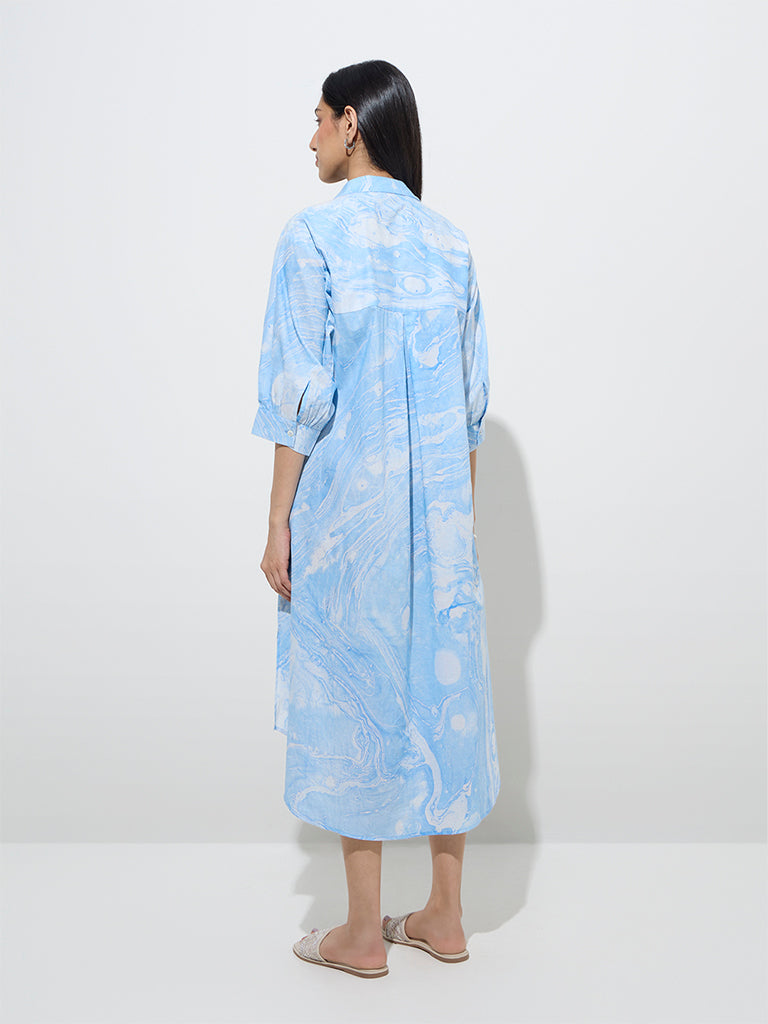 Westside Utsa Women's Blue Marble Printed Cotton High-Low Straight Dress for Work Wear Back View