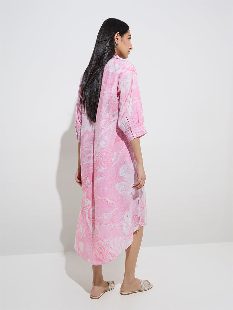 Westside Utsa Women's Pink Marble Printed High-Low Cotton A-Line Dress for Work Wear Back View