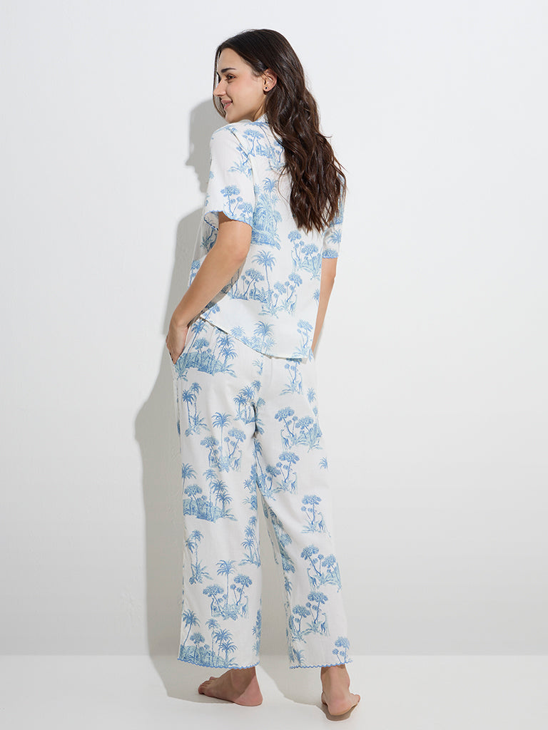 Westside Wunderlove Women's Aqua Printed Cotton Shirt with Pyjamas Set for Casual Wear Back View