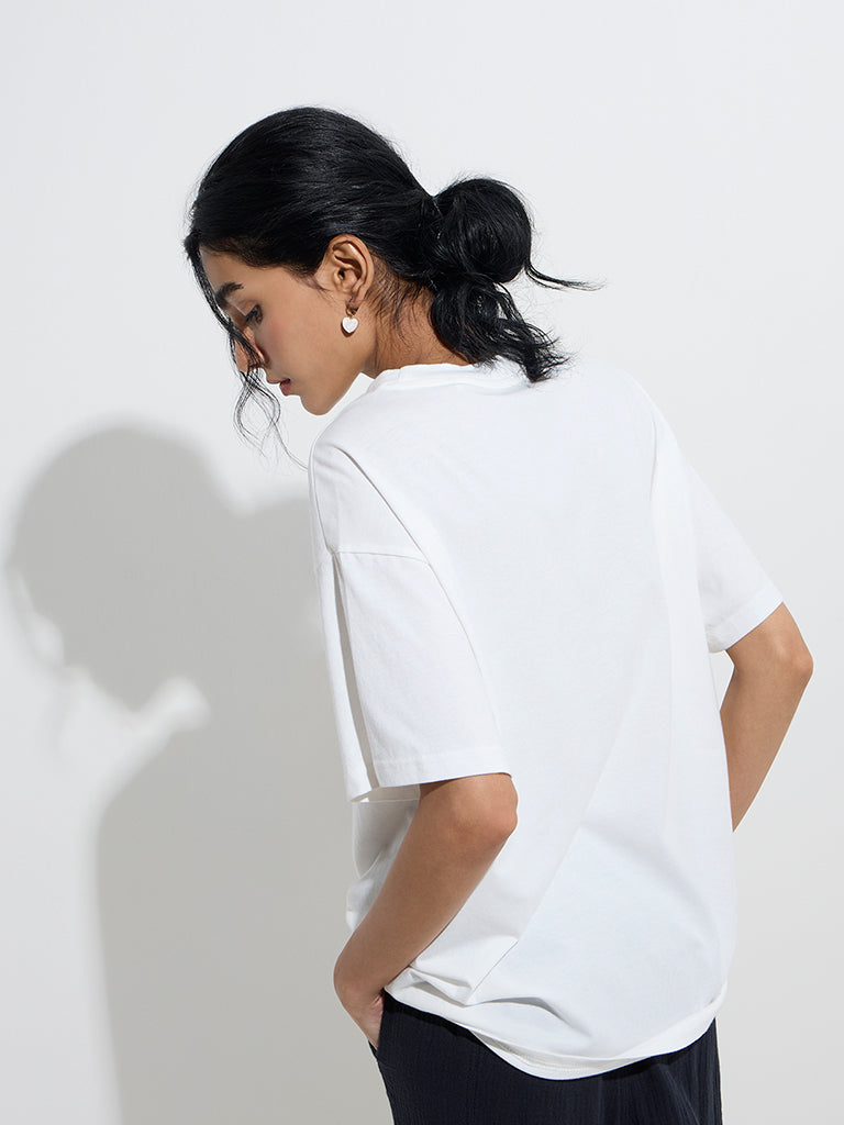 Westside Superstar Women's White Cityscape-Inspired Cotton T-Shirt for Casual Wear Back View
