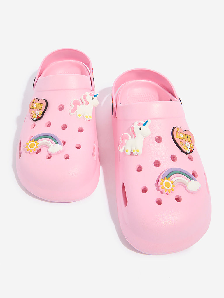 Westside Yellow Kids Pink Applique-Detailed Perforated Clogs for Casual Wear Zoomed View