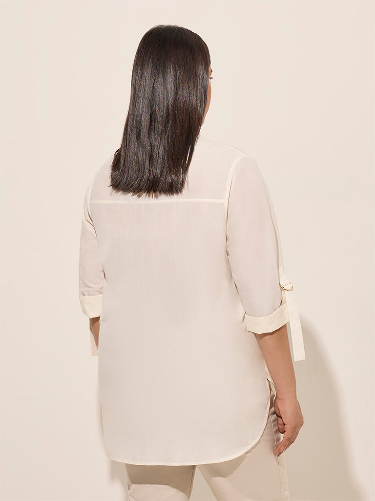 Westside Gia Women's Off-White Leaf Embroidered Cotton Shirt for Casual Wear Casual Wear Back View