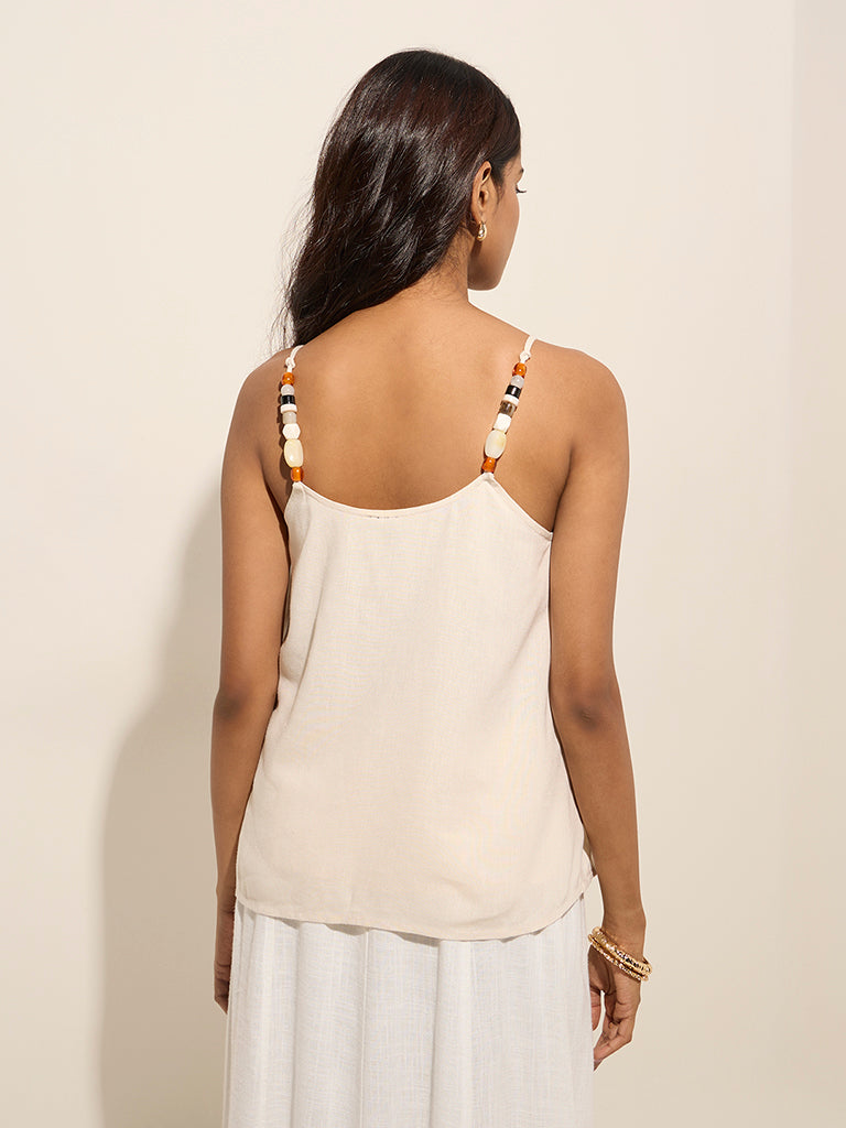 Westside LOV Women's Beige Pintuck Detailed Linen-Blend Top for Casual Wear Back View