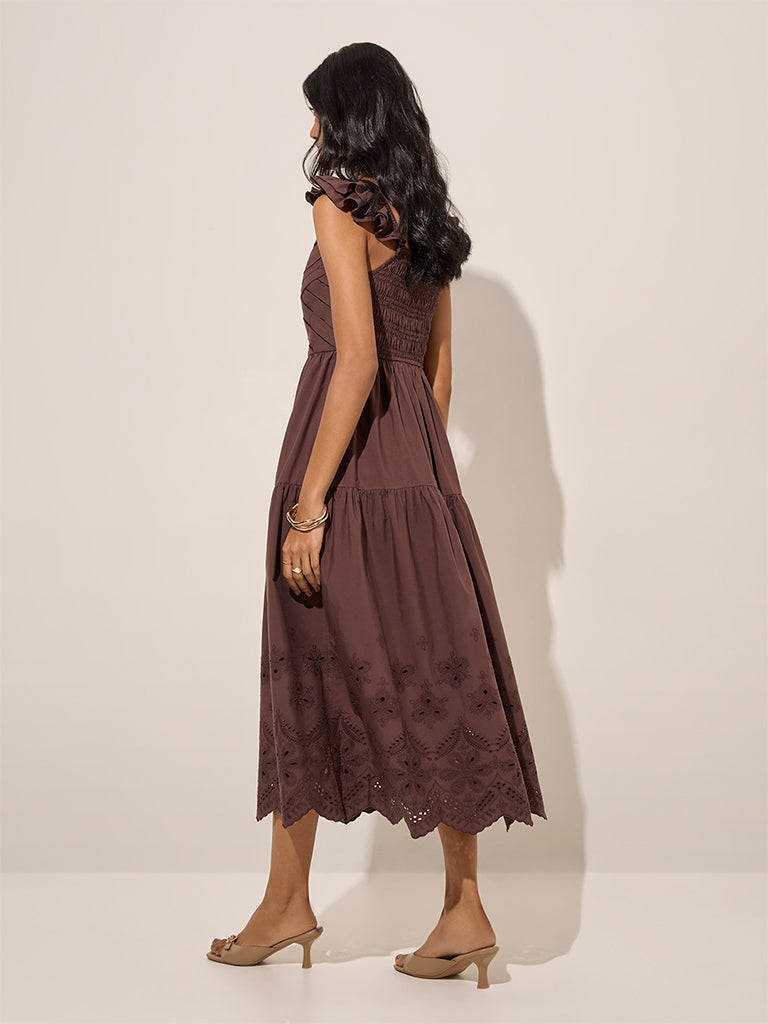 Westside LOV Women's Dark Brown Cut-Out Detailed A-Line Cotton Dress for Casual Wear Back View