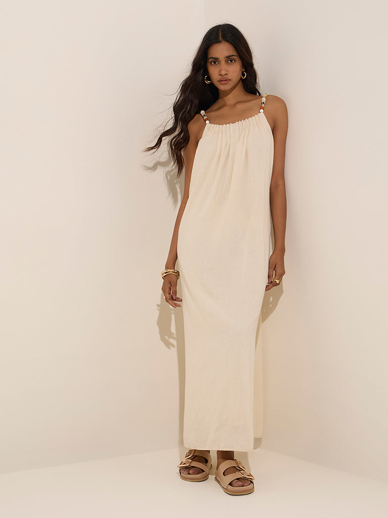 Westside LOV Women's Beige Pintuck Detaile Linen-Blendd Slip Dress for Casual Wear Front View